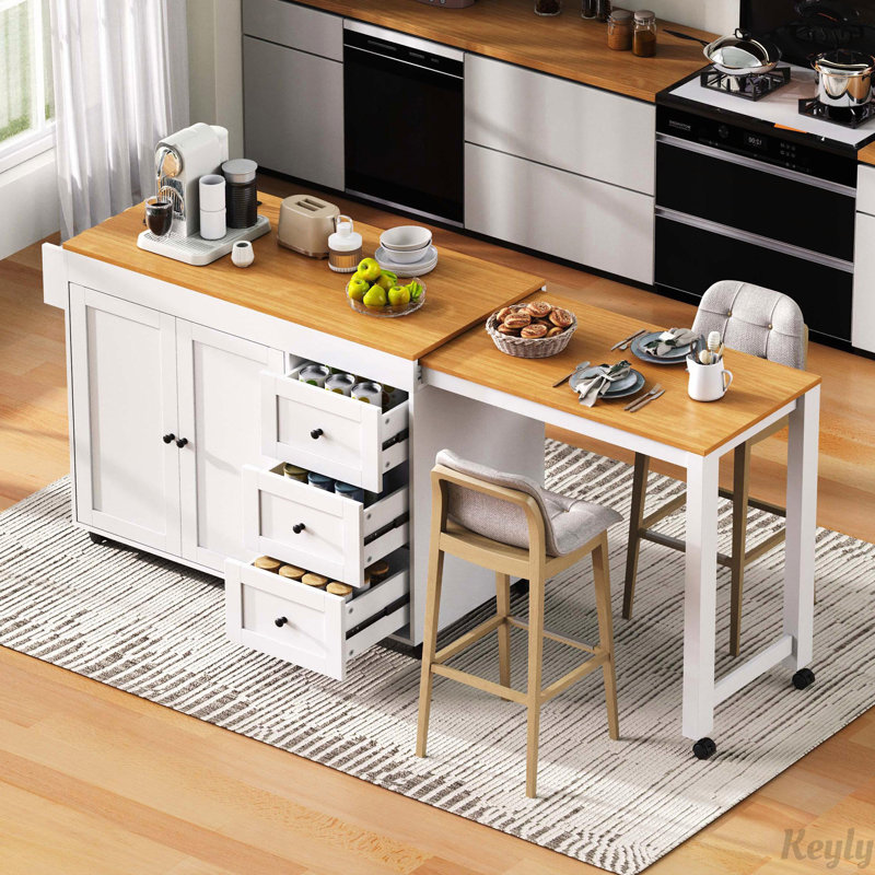 Îlot de cuisine avec table de salle à manger extensible, prise de courant, Blanc