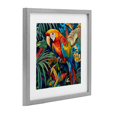 «Jungle Parrot Amid Leaves», reproduction encadrée sous verre, design par LSR Design Studio