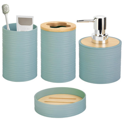 Ensemble de 4 accessoires de salle de bain en bambou, ensemble d'accessoires de salle de bain avec distributeur de savon et porte-brosse à dents, porte-savon et coupelle à brosse à dents (turquoise)