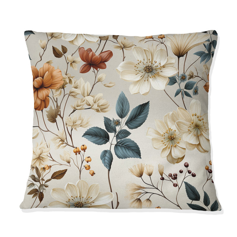Autumn Orange And White Cottage Flowers - Floral Printed Throw Pillow, 16"H x 16"W