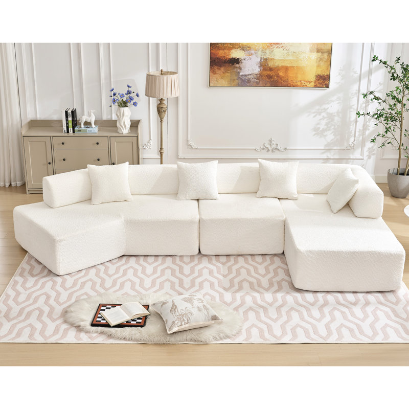 Chaise longue blanche modulaire en L 140 po avec méridienne, 4 sièges - sans assemblage, design contemporain minimaliste