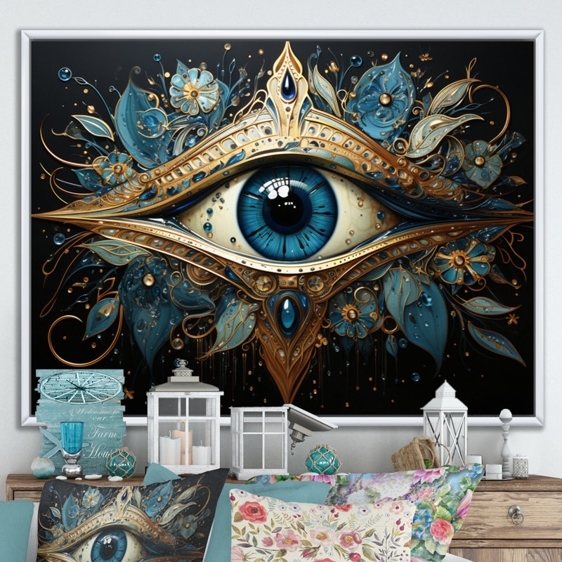 Judaism Hamsa Blessings Eye I - Judaism Wall Art, Cadre flottant blanc, H 34 po x l 44 po x P 1,5 po
