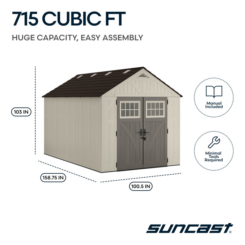 Suncast 96 in. W x 120 in. D Resin Storage Shed with Reinforced Floor and Lockable Handles, Made in the USA