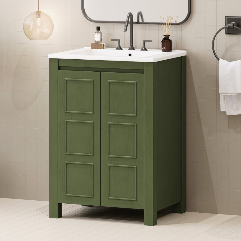 Meuble-lavabo de 24 po avec lavabo en céramique, bois massif et composition, mécanisme à fermeture en douceur, finition facile à nettoyer, entretien