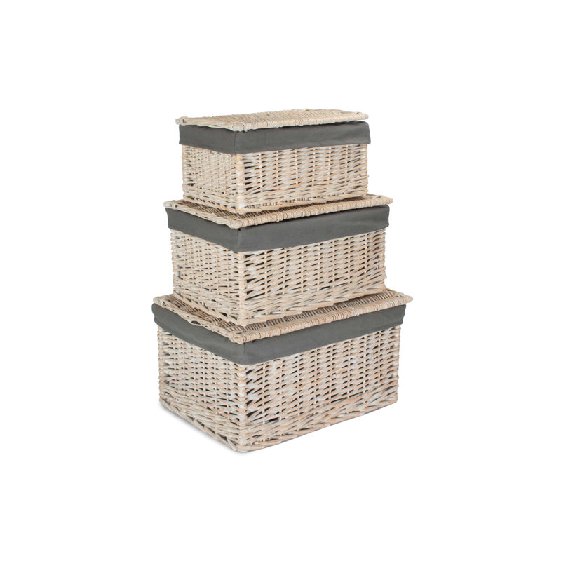 Wicker 3 Piece Storage Hamper Basket Set with Lining, White Wash/Grey