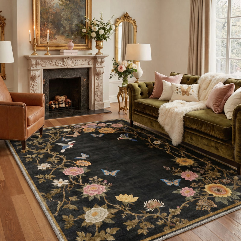 Alfred Avianora Floral Machine Washable Black Indoor Area Rug with Non-Slip Backing, Rectangle 8' x 10'