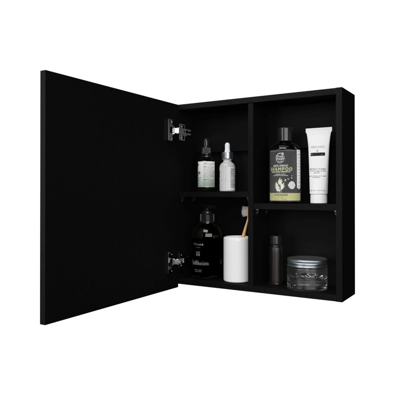 Armoire à pharmacie contemporaine noire avec miroir et 3 tablettes pour la gestion de l'espace fonctionnel mural, Noir
