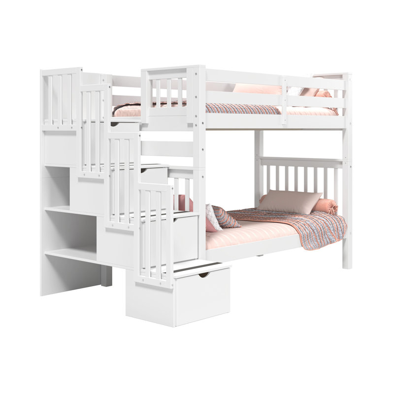 Tena Tall Solid Wood Standard Stairway Bunk Beds Twin over Twin, 4 Drawers in the Steps, White, White, Twin over Twin