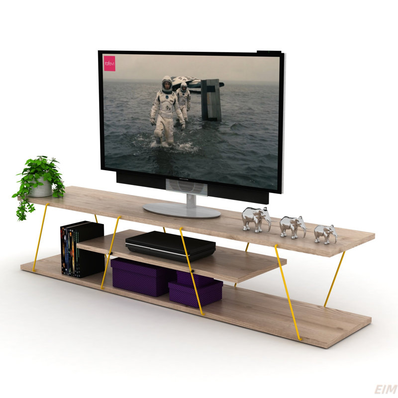 Furnishome Store Tars Mid Century Modern Tv Stand 4 Shelves Open Storage Metal Cords Entertainment Centre 56 Inch Low Tv Unit (TV Stand)