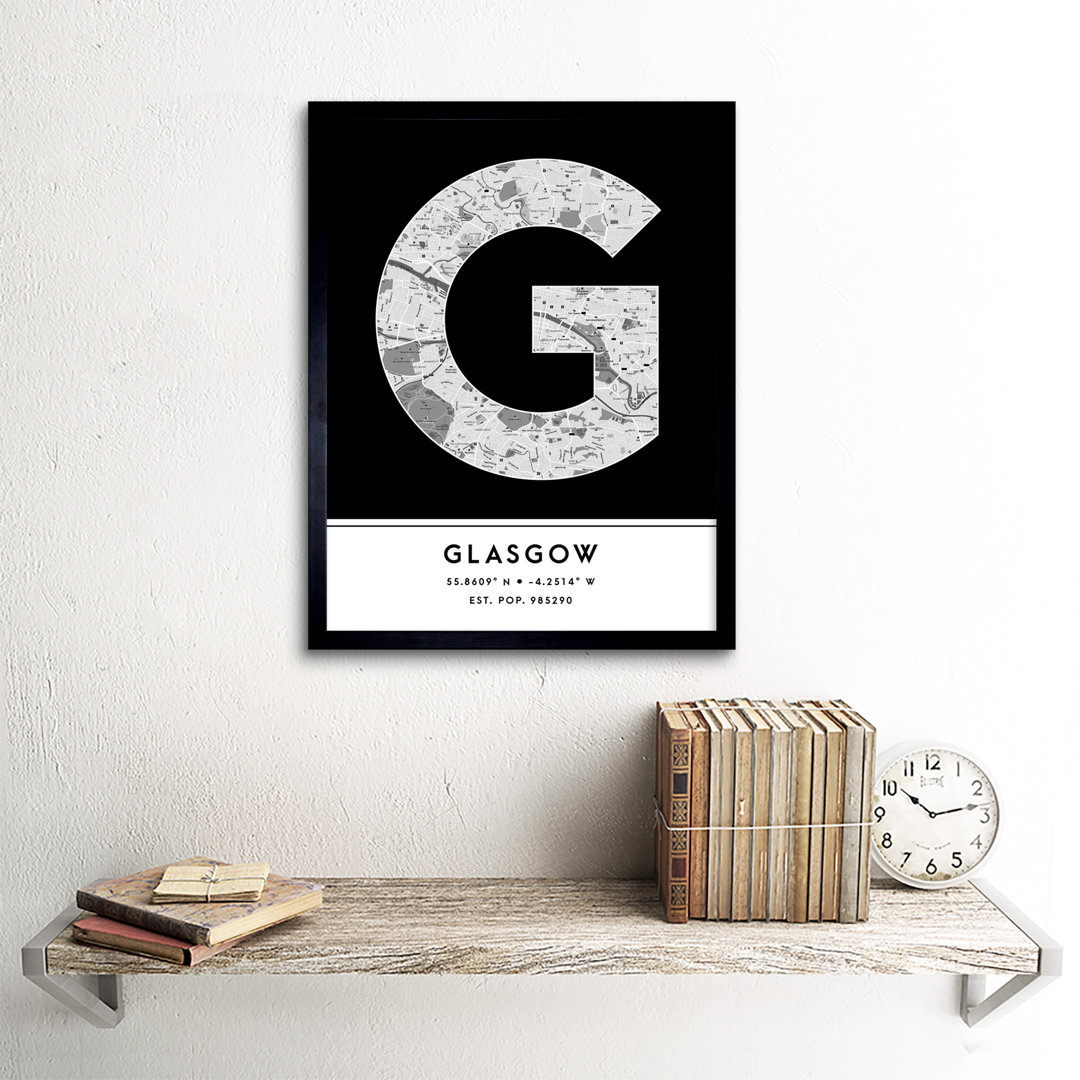 Glasgow Scotland United Kingdom City Map Black & White - Single Picture Frame Typography
