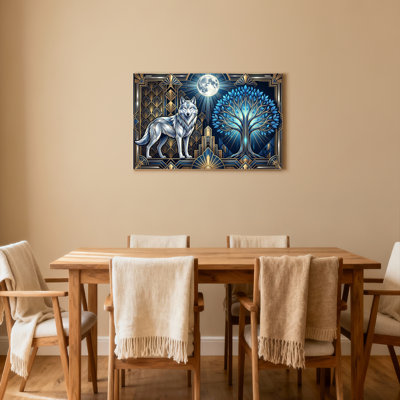Wolf And Tree Of Life Art Deco Canvas Wrapped Wall Art Oil Painting Print Set Of 1