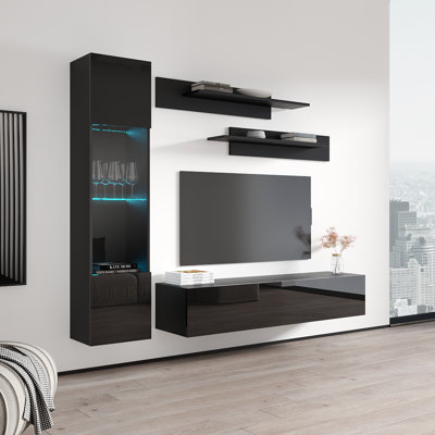 Viroqua 85" Modern Floating Wall Mounted Entertainment Centre with 16-Colour LED Lighting, High Gloss Finish