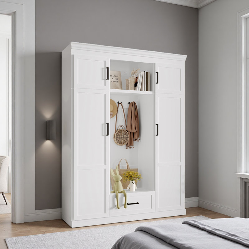Arbre d'entrée avec banc et 3 crochets, armoire de rangement moderne pour hall d'entrée avec 4 portes, 1 tiroir et tablettes réglables pour le couloir, le vestibule et le salon
