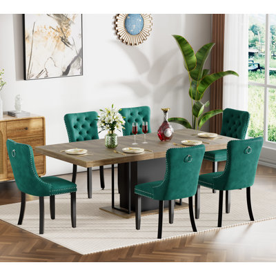 62.99" -78.74" Extendable Dining Table Set, Brown&Black Dining Room Table & Velvet Dining Chairs with Wood Leg, Rustic Kitchen Dining Table and Chairs