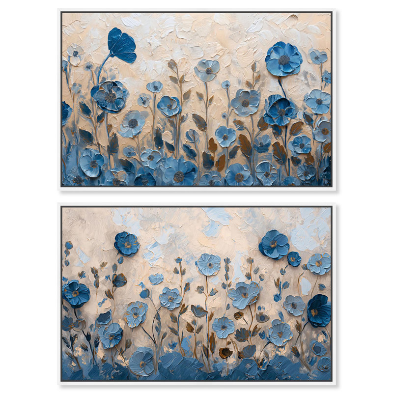 Ensemble de 2 fleurs bleues Curlean , Cadre flottant blanc, H 24 po x l 36 po