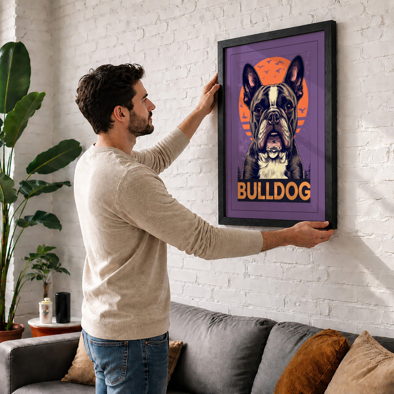 Bulldog with Sun Modern - Framed Print, A2 - 59.4 x 42.0 cm, White