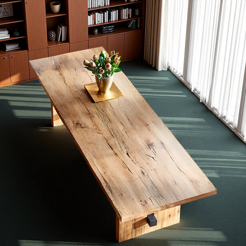 Oak-colored solid wood rectangular office table, 29.53" H x 86.61" W x 35.43" D