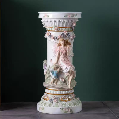Mirexelle Luxury Vintage Roman Column Resin Pedestal Stand with Fairy & Floral Relief for Living Room, Entryway & Home Décor
