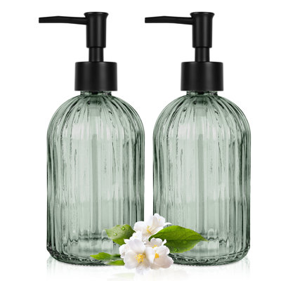 Ensemble de 2 distributeurs de savon en verre avec pompe en plastique, distributeur de savon à main liquide 400 ml, pompe antirouille pour la cuisine et la salle de bain, idéal pour les lotions, huiles essentielles, savons liquides, vert armée