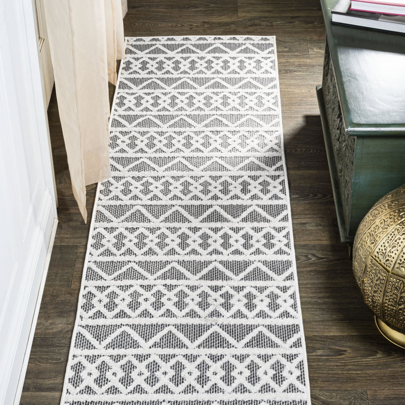 Michela High-Low Pile Knotted Trellis Geometric Black/Ivory Indoor/Outdoor Rug, Runner 2' x 10'