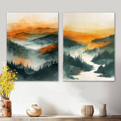 Orange Green Forest Wilderness at Sunset II – Woodland Metal Wall Decor Print Set of 2