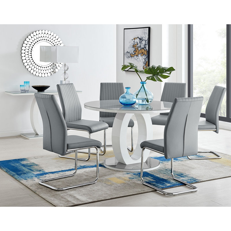 Scottsmoor Modern Halo Seat Round Dining Table Set - 6 Modern Sleek Dining Chairs, Grey, Grey