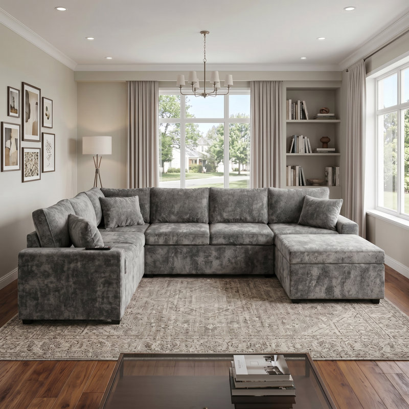 112.2"Chenille Pull Out Sofa Bed Sleeper Plush Cushions L-Shaped Grey