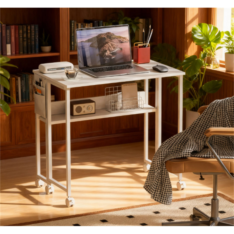 Bureau d'ordinateur pliable, avec sac de rangement, tablette et roulettes pour petits espaces, bureau à domicile