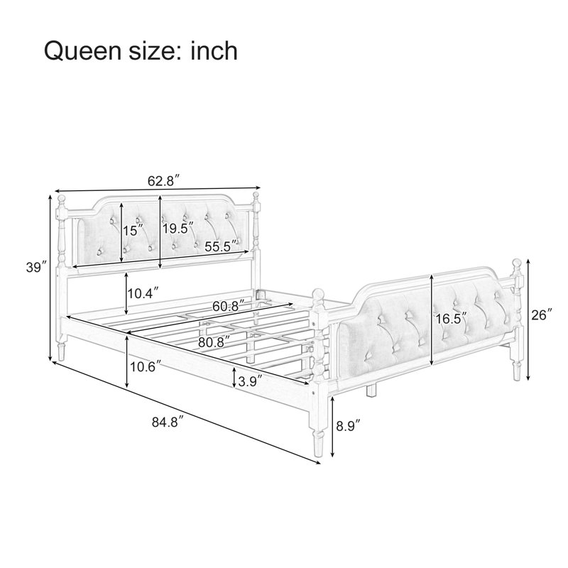 French Country Tufted Headboard Bed with Solid Pine Wood, Walnut, Queen