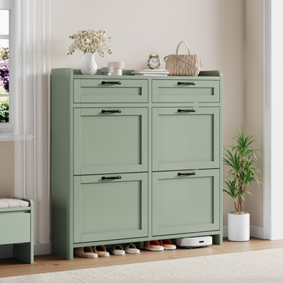 Armoire à chaussures haute brillance avec 4 tiroirs rabattables et 2 tiroirs supérieurs, organisateur de vestibule autoportant pour le couloir ou le salon
