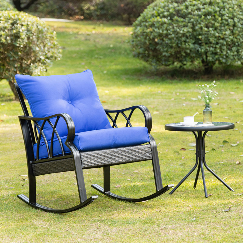Chaise berçante d'extérieur en osier avec coussins rembourrés, Bleu