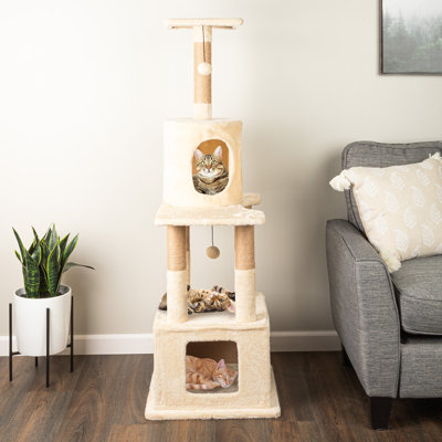 Tour pour arbre à chat de 57 po de hauteur - Tour pour chat avec 2 condos pour chaton, perchoir pour faire la sieste, 5 poteaux à griffer et 2 jouets suspendus - Meuble multi-niveaux pour arbre à chat et activité d'escalade par PETMAKER (Beige)