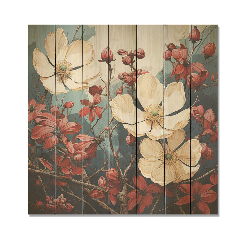 Fleur de cornouiller tranquille et blanche II - cornouiller sur bois, H 15 po x l 15 po