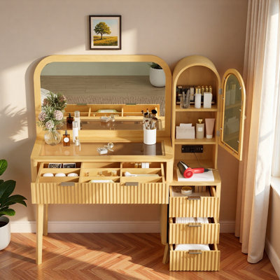 Meuble-lavabo cannelé avec grand miroir, 4 tiroirs, armoire de rangement, station de charge et comptoir en verre