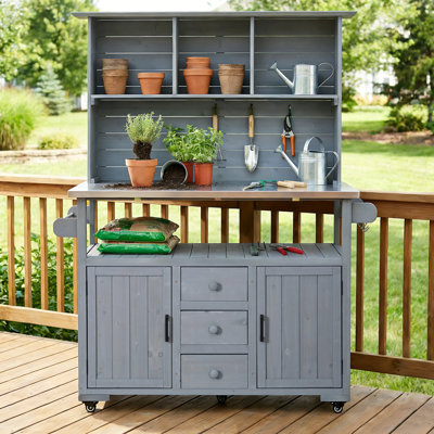 Îlot de cuisine en bois 65 po H avec plateau en acier inoxydable et tiroirs, grand banc de rempotage avec roues verrouillables