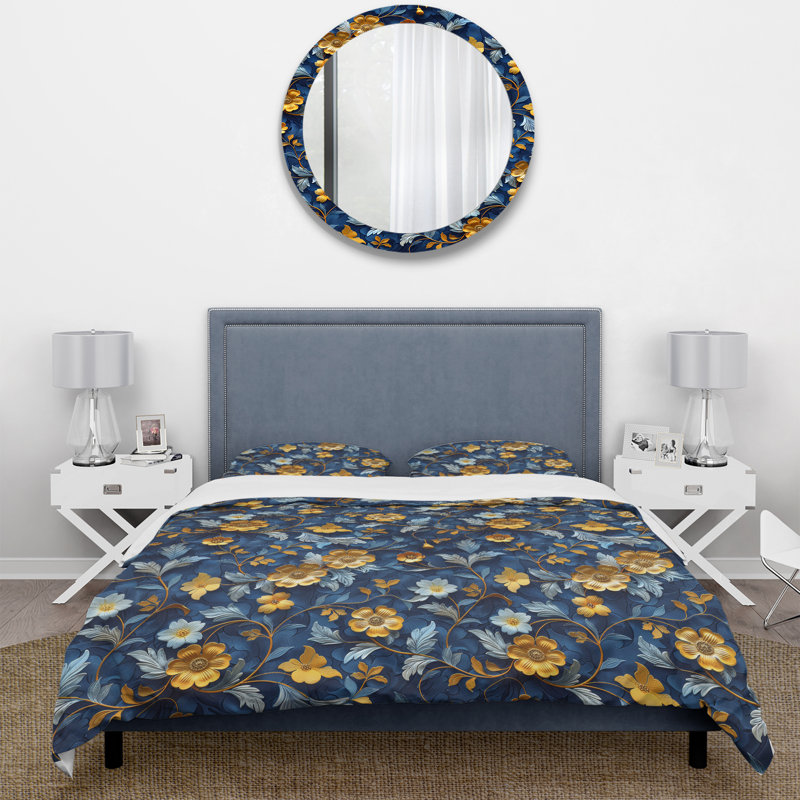 Ensemble de housse de couette Gold Blue Flowers Serenity - Flowers, Housse de couette simple et deux taies décorative