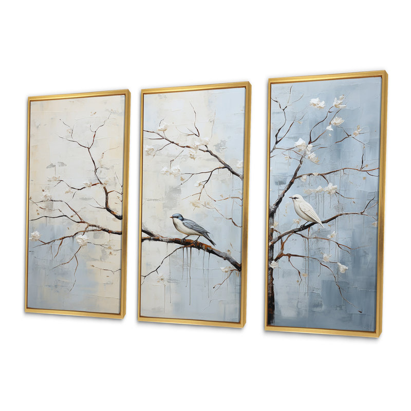 Gris printanier gris, oiseaux de printemps II - arbre, art mural, Cadre flottant doré, H 28 po x l 36 po x P 1 po