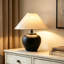 Lampe de table rustique en céramique noire avec abat-jour en lin, lampe de chevet de style campagnard avec ampoule à DEL gratuite, lampe de table de chevet confortable pour le vestibule de la chambre-1024856912