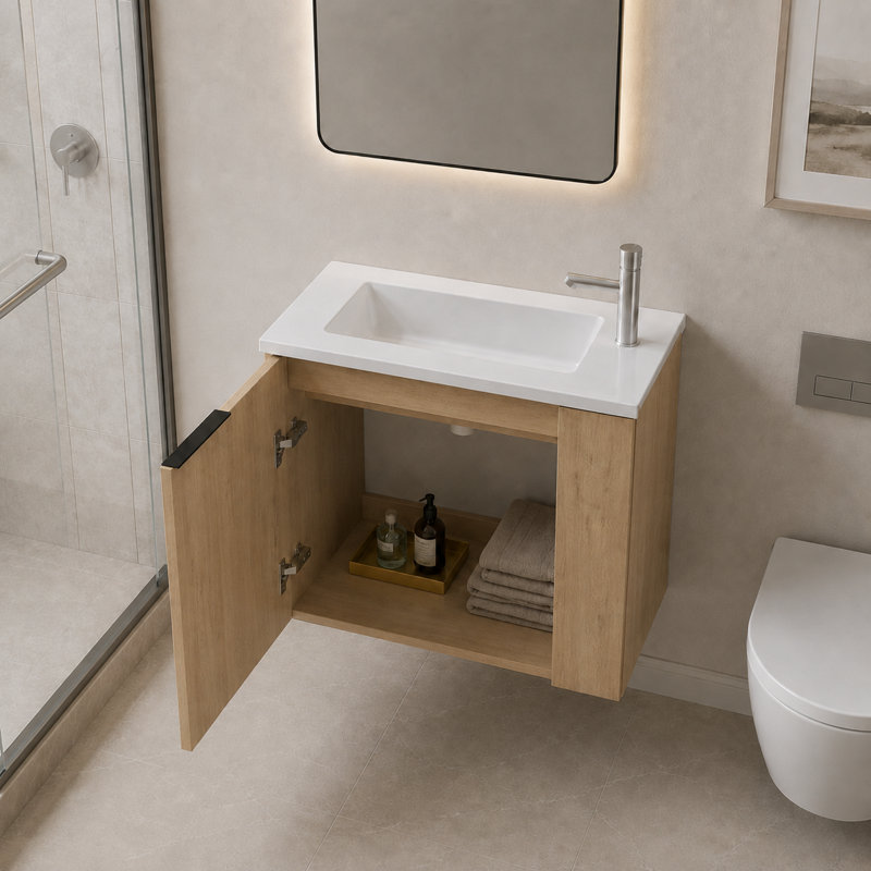 Meuble-lavabo flottant simple 22 po en chêne avec lavabo en céramique et portes à fermeture en douceur