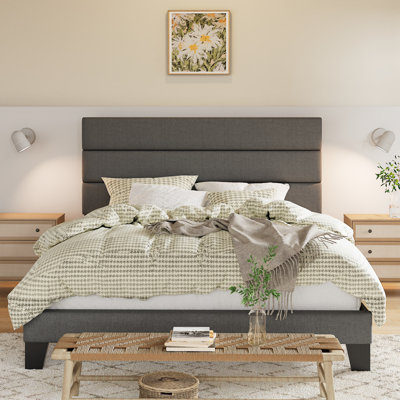 Lit plateforme tapissier avec tête de lit au design moderne, sans sommier tapissier