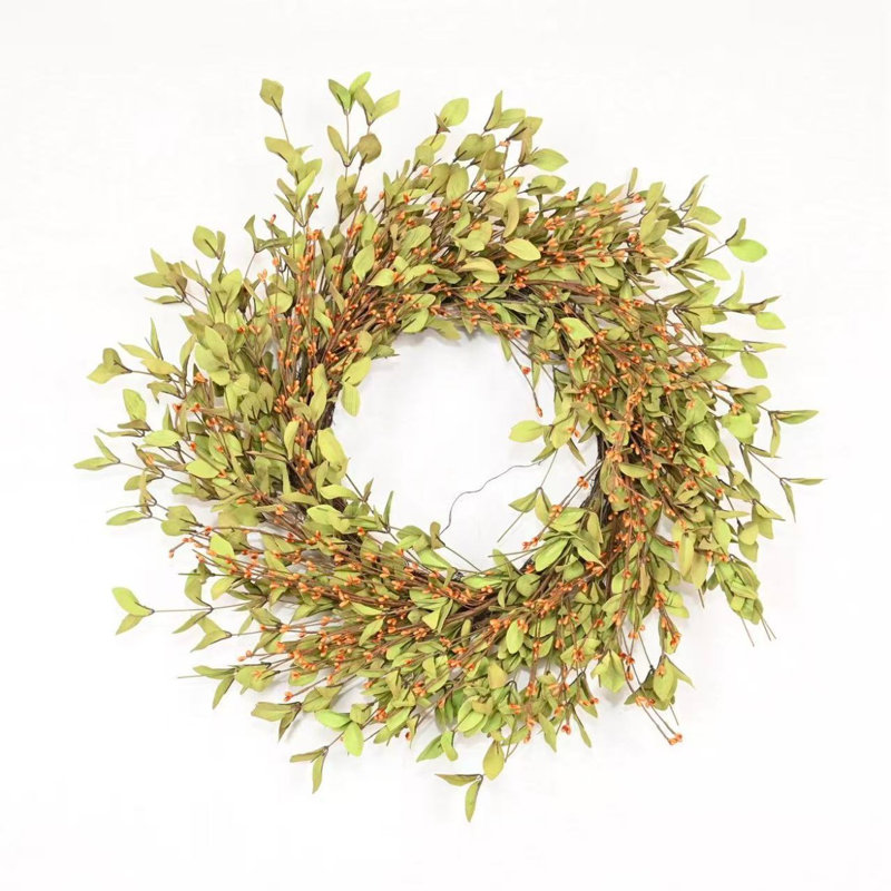 Couronne de printemps artificielle 24 po à fleurs, Vert / Orange