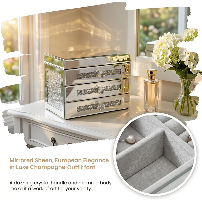 Jewelry Box 3-Layer 2 Drawers Mirrored Jewelry Organizer Box for Rings Necklaces Bracelets