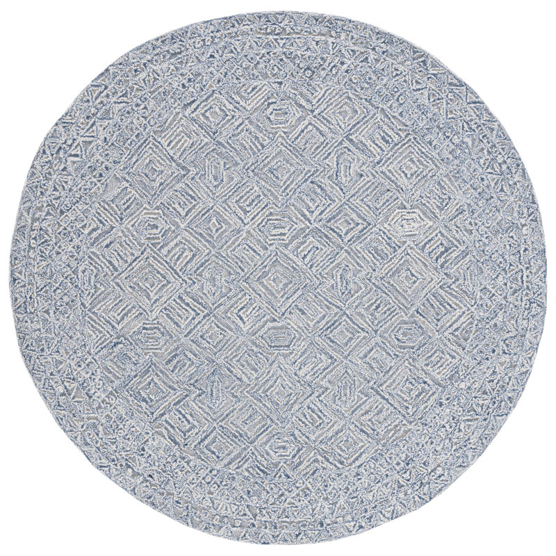 Hadad Textual Hand Tufted Wool/Cotton Geometric Rug in Blue/Ivory, Round 6'