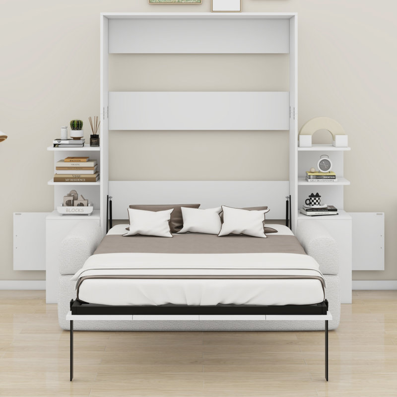Lit escamotable avec canapé attaché et armoires de rangement, Blanc