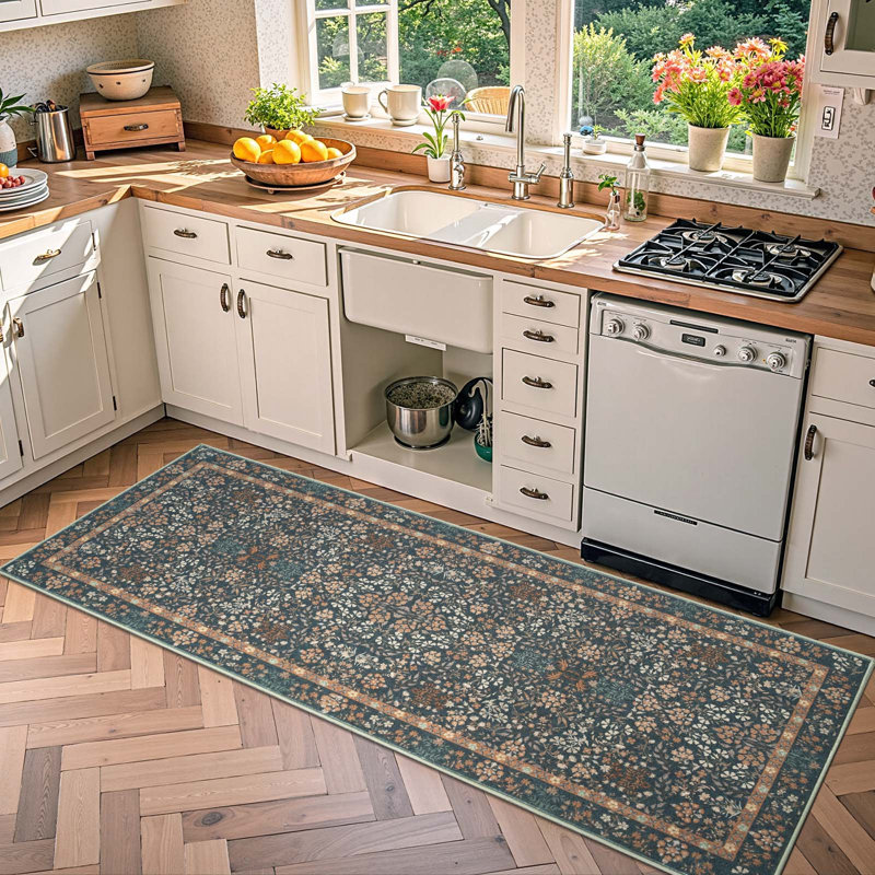 Floral Machine Washable Area Rug, Runner 2' x 6', Dark Blue/Orange