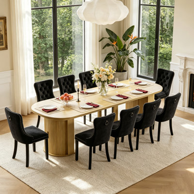 47"-118.1" Oval Extendable Dining Table Set for 10, Natural Wood Kitchen Table with Fluted Storage Base and 10 Velvet Tufted Chairs