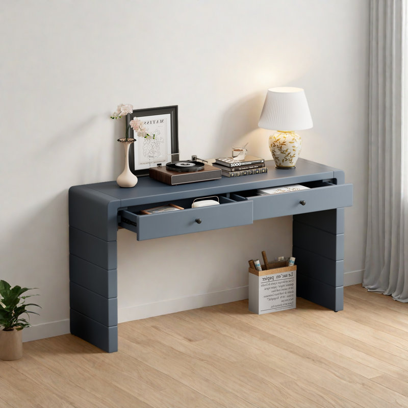 Curved Console Table With Storage, Wooden Entryway Table With 2 Drawers, Farmhouse Rustic Console Tables For Entryway, Hallway, Living Room