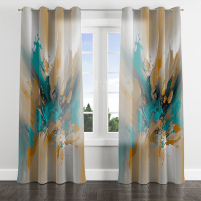 Yellow And Turquoise Marble Fluid Ink I - Abstract Marble Grommet Curtain - Velvet Room Darkening - 1 panel