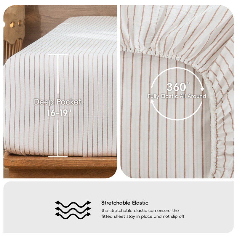 MooMee Striped Sheet Set 100% Washed Cotton Linen Like Textured Breathable Lightweight, Queen Sheet Set with 2 Pillowcases