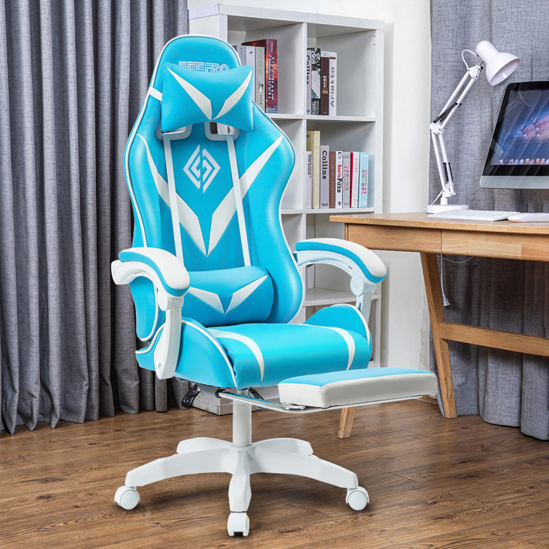 WOODYHOME Adjustable Reclining Ergonomic Swiveling PC & Racing Game Chair with Footrest, Blue